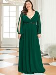 Elegant Chiffon V-Neckline Long Sleeve Formal Evening Dress – Dark Green