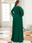 Elegant Chiffon V-Neckline Long Sleeve Formal Evening Dress – Dark Green