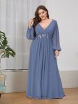 Elegant Chiffon V-Neckline Long Sleeve Formal Evening Dress – Dusty Navy