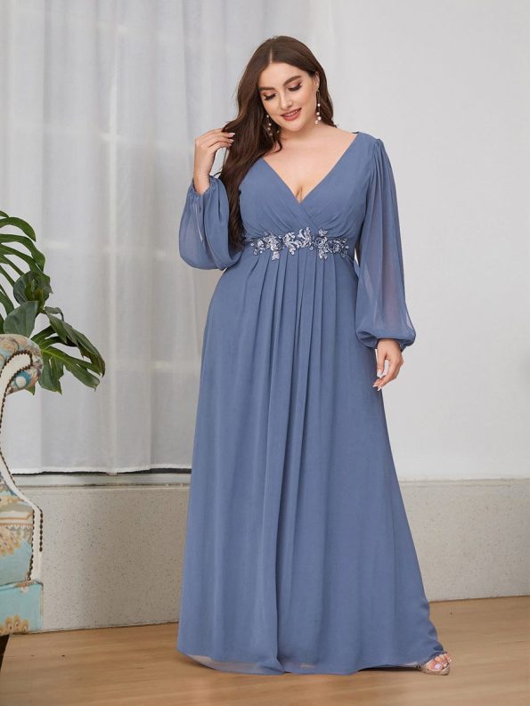 Elegant Chiffon V-Neckline Long Sleeve Formal Evening Dress - Dusty Navy