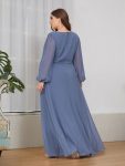 Elegant Chiffon V-Neckline Long Sleeve Formal Evening Dress – Dusty Navy