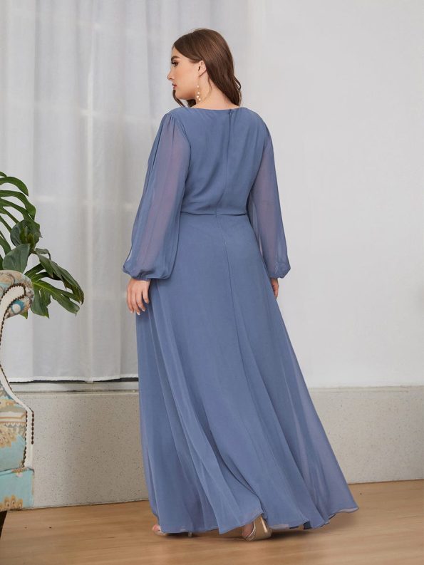 Elegant Chiffon V-Neckline Long Sleeve Formal Evening Dress - Dusty Navy