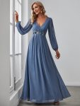 Elegant Chiffon V-Neckline Long Sleeve Formal Evening Dress – Dusty Navy