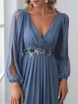 Elegant Chiffon V-Neckline Long Sleeve Formal Evening Dress – Dusty Navy