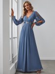 Elegant Chiffon V-Neckline Long Sleeve Formal Evening Dress – Dusty Navy