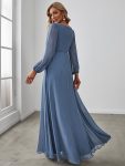 Elegant Chiffon V-Neckline Long Sleeve Formal Evening Dress – Dusty Navy