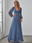 Elegant Chiffon V-Neckline Long Sleeve Formal Evening Dress – Dusty Navy