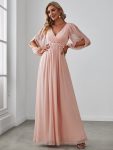 Elegant Chiffon V-Neckline Long Sleeve Formal Evening Dress – Pink