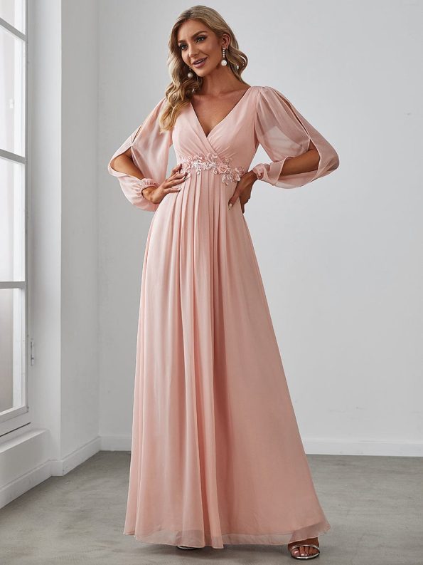 Elegant Chiffon V-Neckline Long Sleeve Formal Evening Dress - Pink