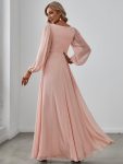 Elegant Chiffon V-Neckline Long Sleeve Formal Evening Dress – Pink