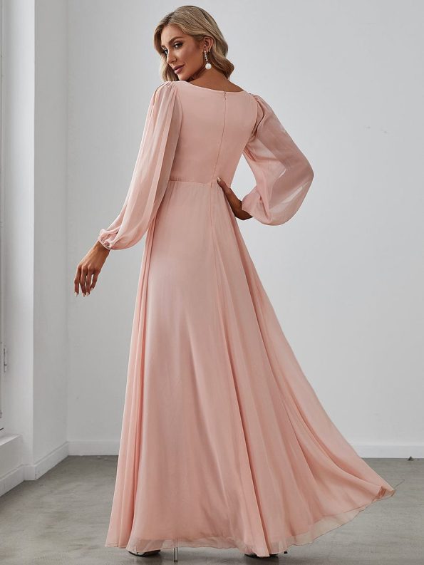 Elegant Chiffon V-Neckline Long Sleeve Formal Evening Dress - Pink