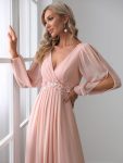 Elegant Chiffon V-Neckline Long Sleeve Formal Evening Dress – Pink