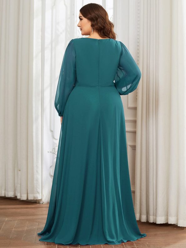 Elegant Chiffon V-Neckline Long Sleeve Formal Evening Dress - Teal