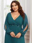 Elegant Chiffon V-Neckline Long Sleeve Formal Evening Dress – Teal