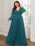 Elegant Chiffon V-Neckline Long Sleeve Formal Evening Dress – Teal