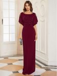 Trendy Round Neck Bodycon Wedding Guest Dress with Sleeves – Burgundy