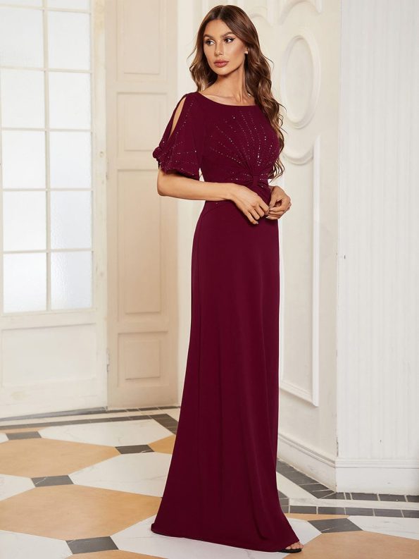 Trendy Round Neck Bodycon Wedding Guest Dress with Sleeves - Burgundy