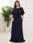 Trendy Round Neck Bodycon Wedding Guest Dress with Sleeves – Navy Blue