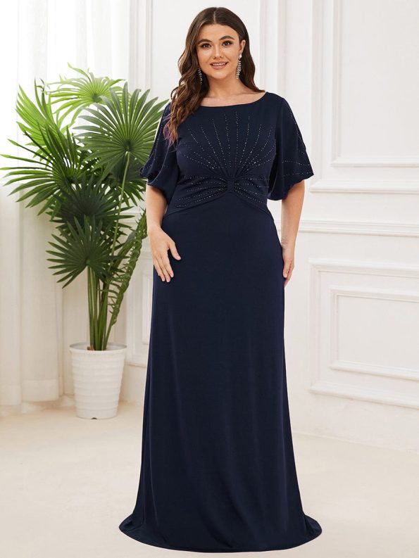 Trendy Round Neck Bodycon Wedding Guest Dress with Sleeves - Navy Blue