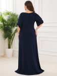 Trendy Round Neck Bodycon Wedding Guest Dress with Sleeves – Navy Blue