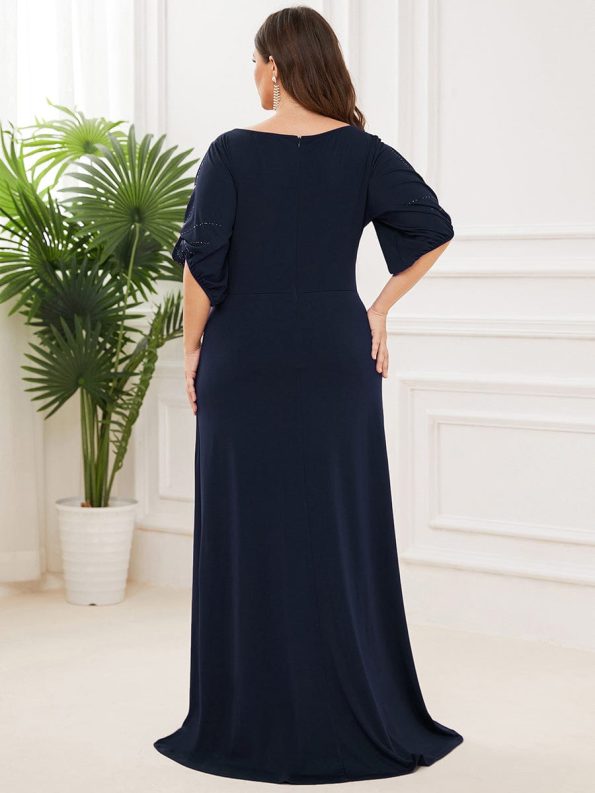 Trendy Round Neck Bodycon Wedding Guest Dress with Sleeves - Navy Blue