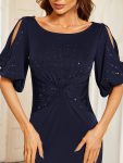 Trendy Round Neck Bodycon Wedding Guest Dress with Sleeves – Navy Blue