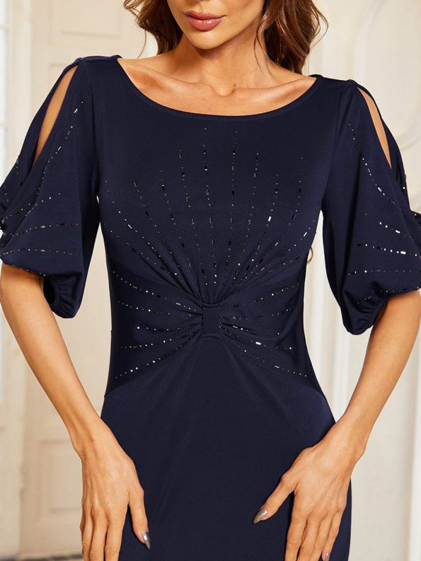 Trendy Round Neck Bodycon Wedding Guest Dress with Sleeves - Navy Blue