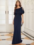 Trendy Round Neck Bodycon Wedding Guest Dress with Sleeves – Navy Blue