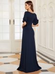 Trendy Round Neck Bodycon Wedding Guest Dress with Sleeves – Navy Blue