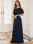 Trendy Round Neck Bodycon Wedding Guest Dress with Sleeves – Navy Blue