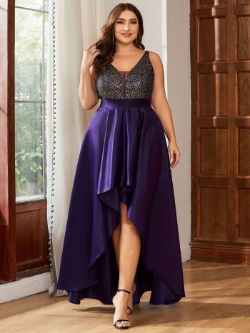 High Low Sleeveless Plus Size Dresses With Sequin for Evening - Dark Purple