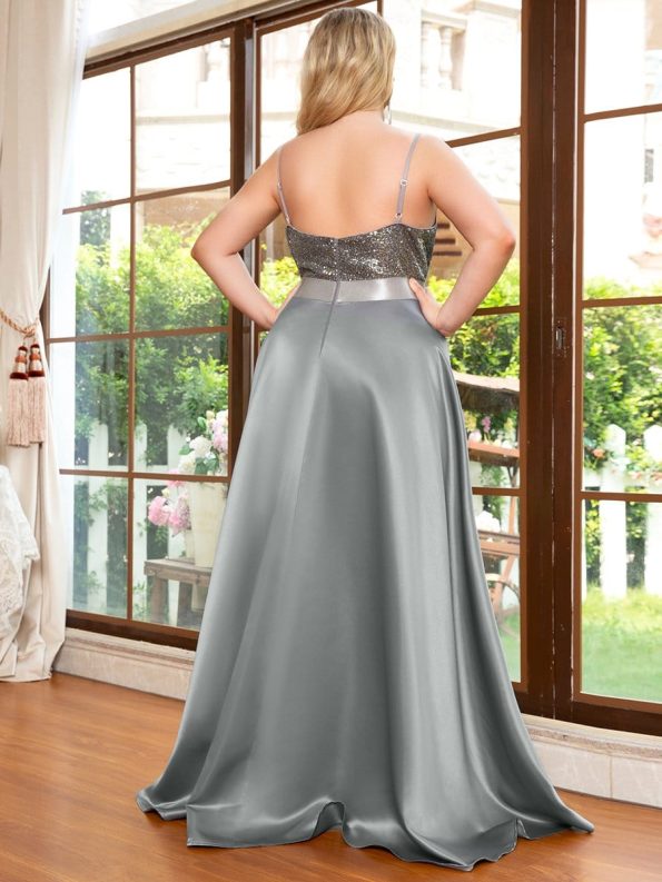 High Low Sleeveless Plus Size Dresses With Sequin for Evening - Grey