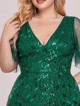 Shimmery V Neck Ruffle Sleeves Sequin Maxi Long Evening Dress – Dark Green