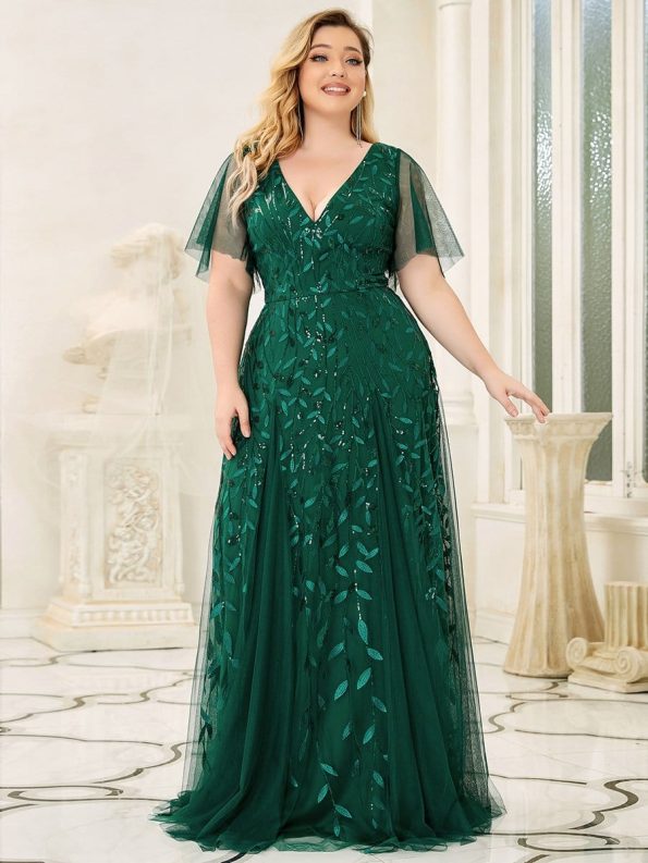 Shimmery V Neck Ruffle Sleeves Sequin Maxi Long Evening Dress - Dark Green