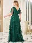 Shimmery V Neck Ruffle Sleeves Sequin Maxi Long Evening Dress – Dark Green