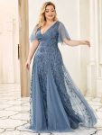 Shimmery V Neck Ruffle Sleeves Sequin Maxi Long Evening Dress – Dusty Navy