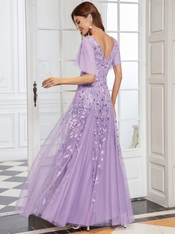 Shimmery V Neck Ruffle Sleeves Sequin Maxi Long Evening Dress - Lavender