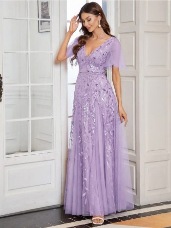 Shimmery V Neck Ruffle Sleeves Sequin Maxi Long Evening Dress - Lavender