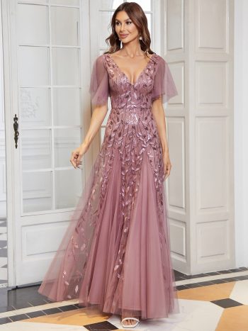 Shimmery V Neck Ruffle Sleeves Sequin Maxi Long Evening Dress - Purple Orchid