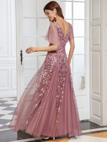 Shimmery V Neck Ruffle Sleeves Sequin Maxi Long Evening Dress - Purple Orchid