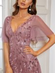 Shimmery V Neck Ruffle Sleeves Sequin Maxi Long Evening Dress – Purple Orchid