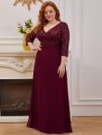 Plus Size V Neck A-Line Sequin Formal Evening Dress with Sleeve – Burgundy