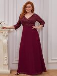 Plus Size V Neck A-Line Sequin Formal Evening Dress with Sleeve - Burgundy