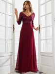 Sexy V Neck Sequin Evening Dresses with 3/4 Sleeve – Burgundy