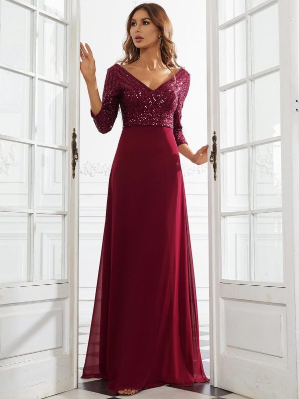 Sexy V Neck Sequin Evening Dresses with 3/4 Sleeve - Burgundy