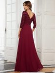 Sexy V Neck Sequin Evening Dresses with 3/4 Sleeve – Burgundy