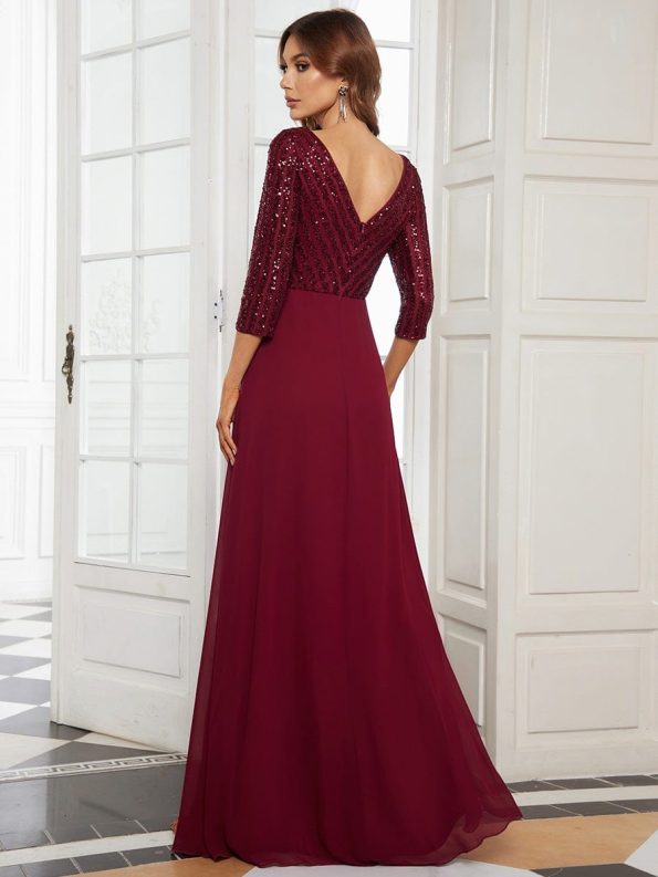 Sexy V Neck Sequin Evening Dresses with 3/4 Sleeve - Burgundy