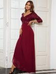 Sexy V Neck Sequin Evening Dresses with 3/4 Sleeve – Burgundy