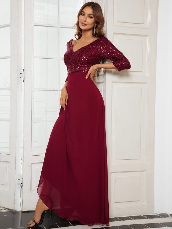 Sexy V Neck Sequin Evening Dresses with 3/4 Sleeve - Burgundy