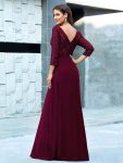 Sexy V Neck Sequin Evening Dresses with 3/4 Sleeve – Burgundy